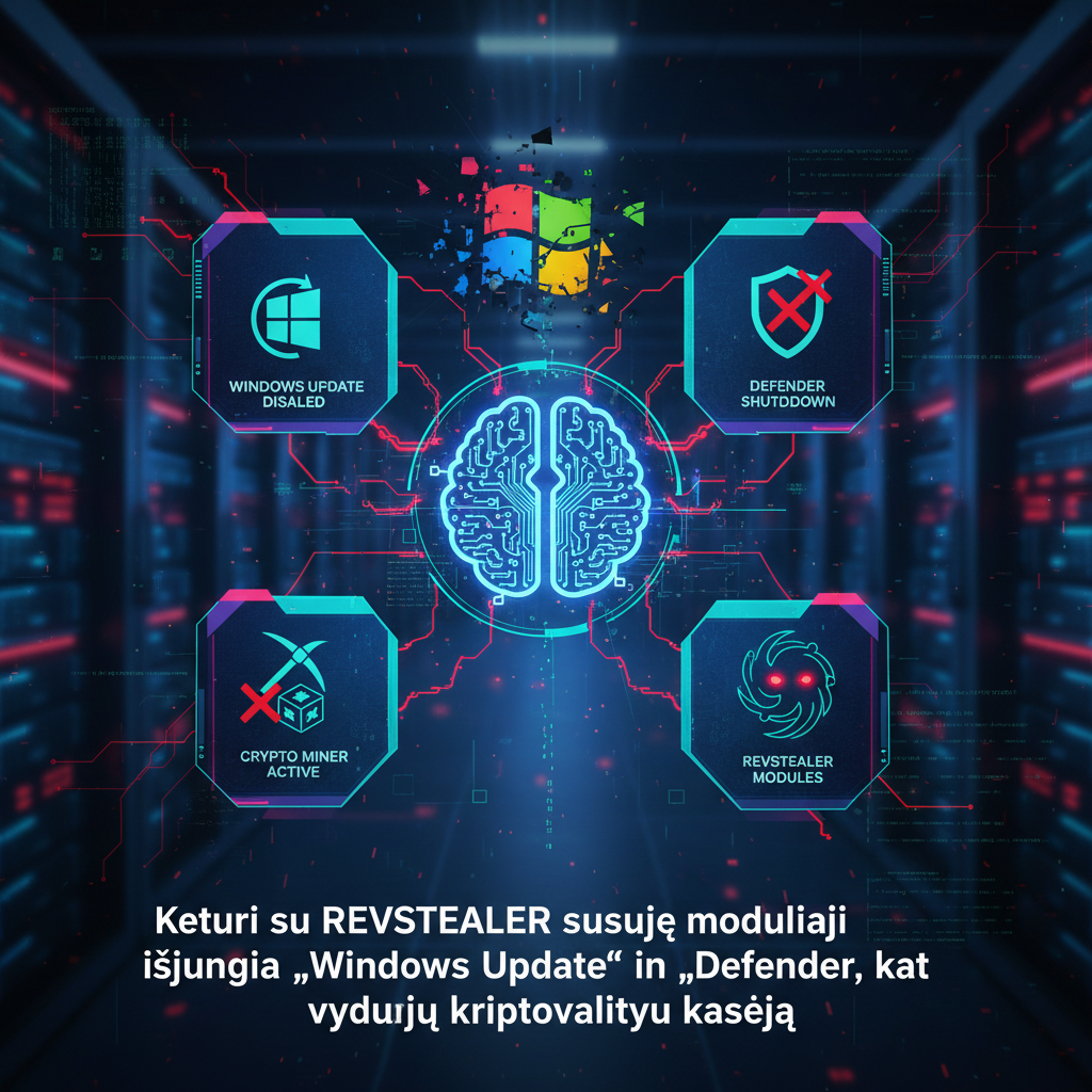 Keturi su REVSTEALER susiję moduliai išjungia „Windows Update“ ir „Defender“, kad vykdytų kriptovaliutų kasėją